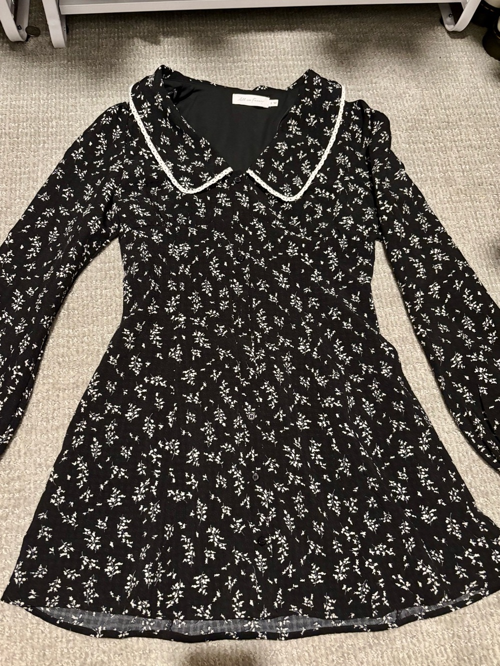 All in Favor Black Floral Long-Sleeve Dress with White Trim